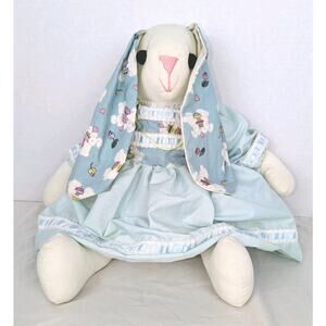 Vintage Handmade Easter Gift Stuffed Bunny Rabbit Floppy Ear Rag Doll Blue Dress